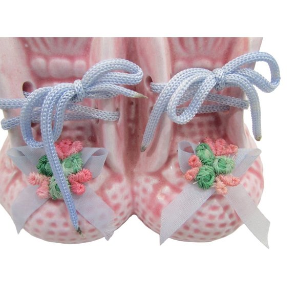 Vintage Reubens Pink Baby Bootie Planter Blue Laces Ribbons Floral Accent Tiawan - Picture 7 of 10